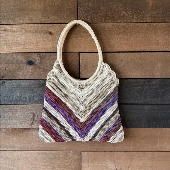 Vintage Crochet Floral Boho Shoulder Bag 70s Style Knit Purse Hippie Tote - Picture 8 of 13